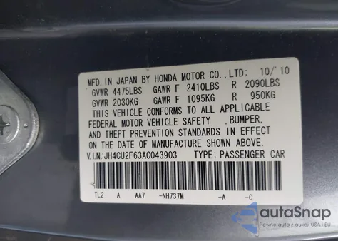 2010 Acura Tsx 2.4 z USA, uszkodzony, nr VIN JH4CU2F63AC043903